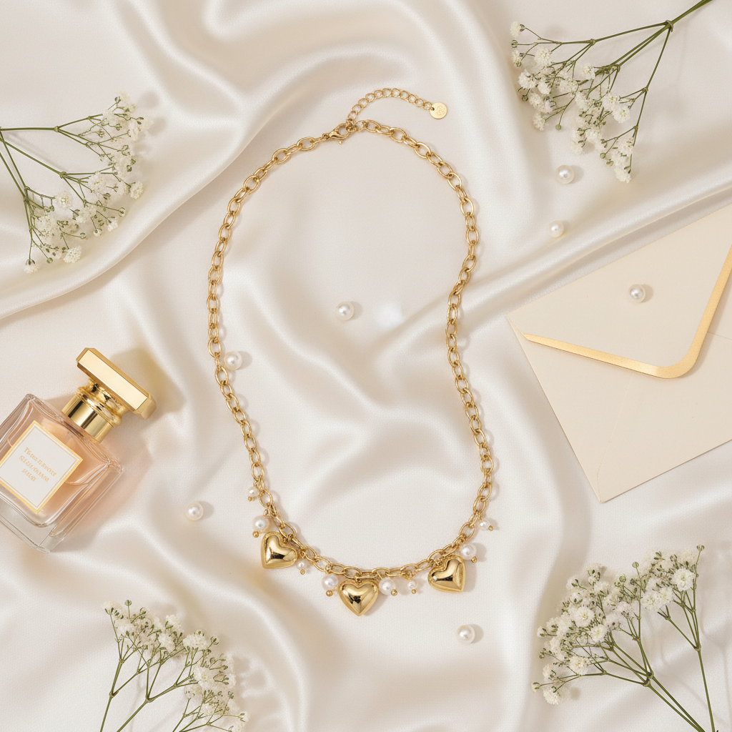 Flat lay ogrlice z dekorativnimi elementi, zlata ogrlica za prijateljjico, mamo , Ženska nosi elegantno zapestnico z zlatimi srčki in cirkoni. Ta modni dodatek je del čudovitega darilnega seta, ki ga dopolnjuje biserna ogrlica z obeskom pentlje, idealno za posebne priložnosti.